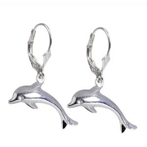 Silver Toned Dolphin Earrings with Lever Backs